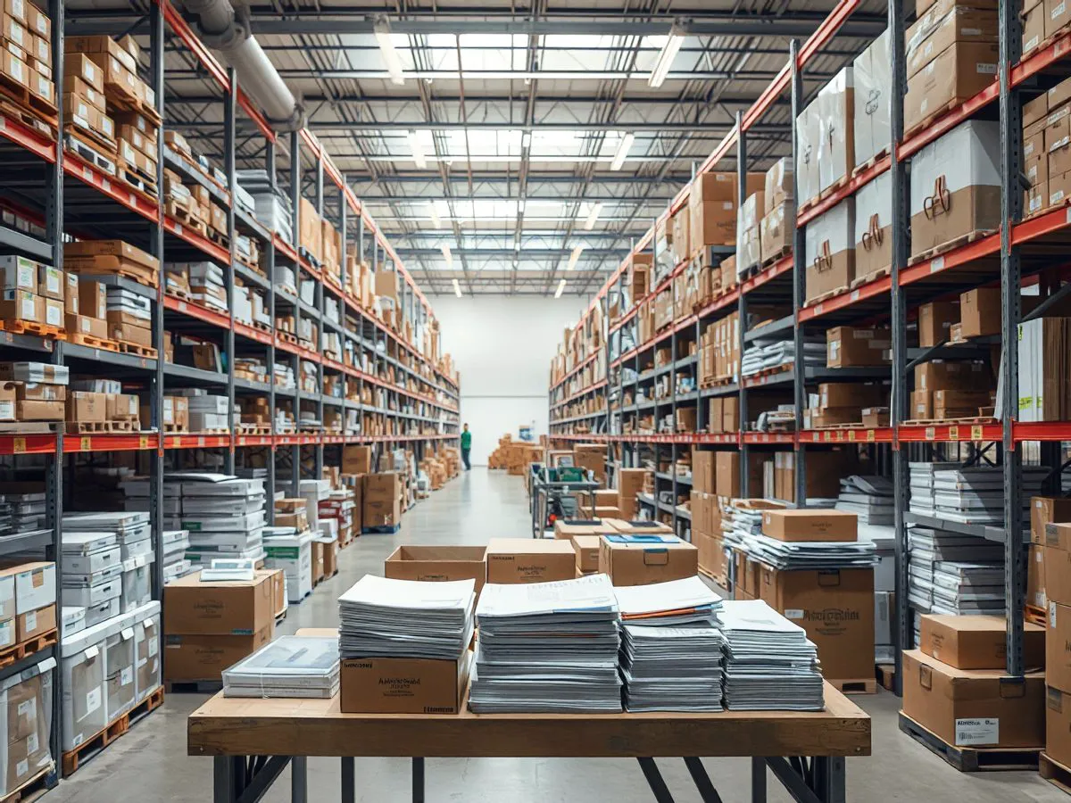 爱莱邦办公用品仓库实景，货架整齐，品类齐全