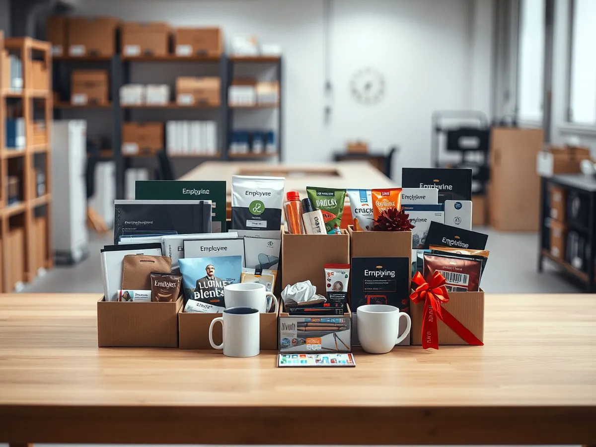 员工福利物资样品展示，包括礼盒、办公用品和劳保用品